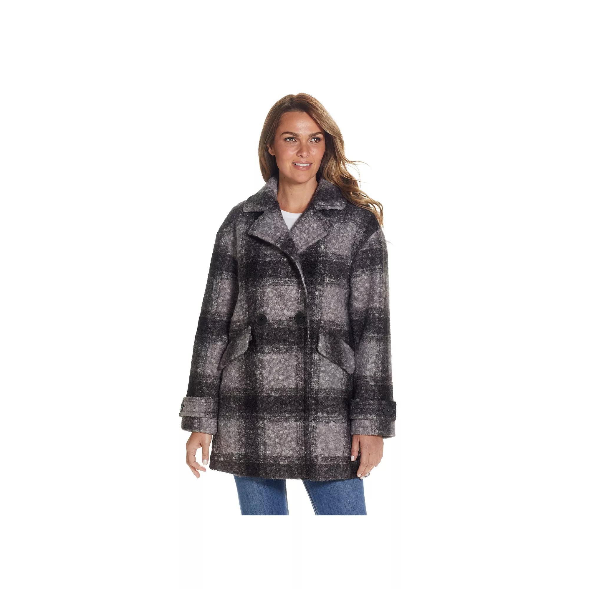 Women's Weathercast Double Breasted Boucle Peacoat, Size: Small, Black Plaid Product Image