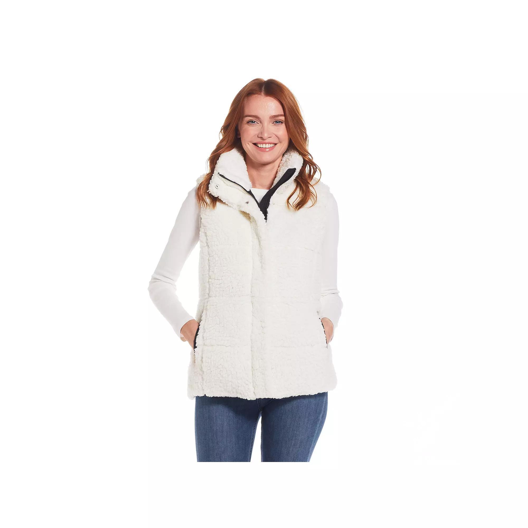 Women's Weathercast Sherpa Puffer Vest, Size: Medium, Cream Black Product Image