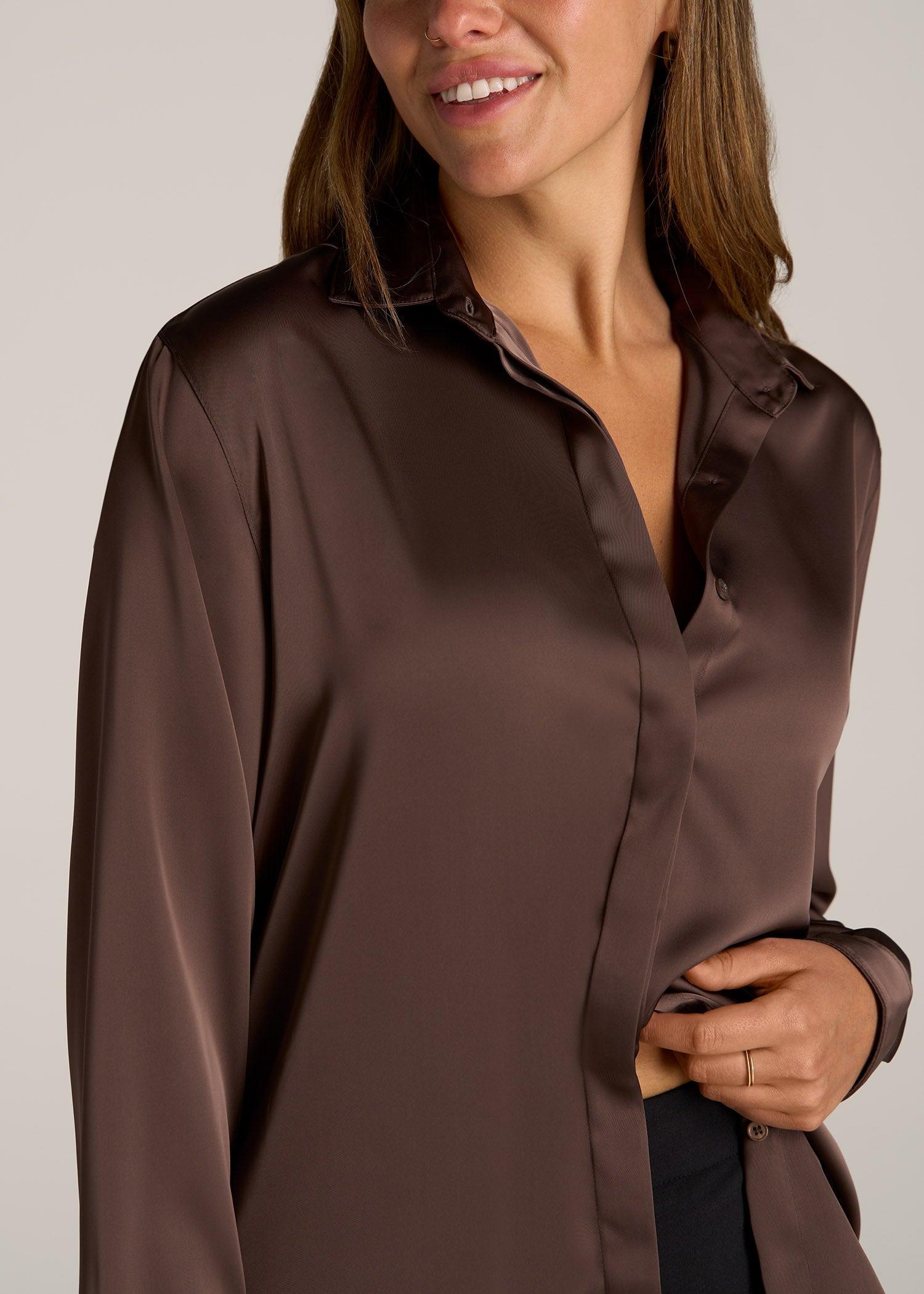 Relaxed Button Up Tall Women's Blouse in Chocolate Mocha Product Image