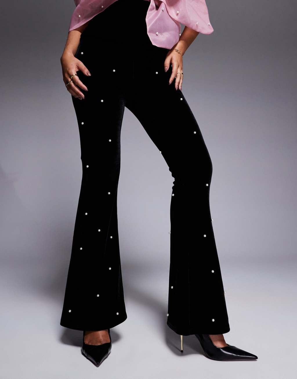 ASOS LUXE velvet pants with pearl embellishment in black - part of a set Product Image