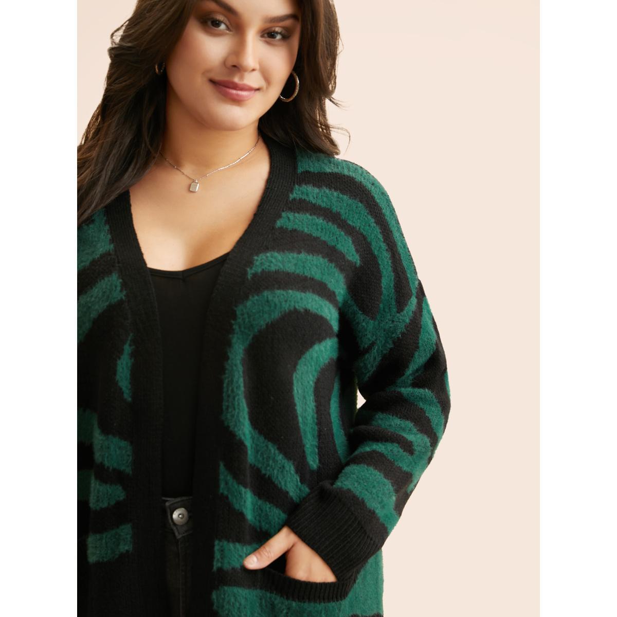 Plus Size Zebra Jacquard Drop Shoulder Cardigan ArmyGreen Women Casual Loose Long Sleeve Everyday Cardigans BloomChic 28/5X Product Image