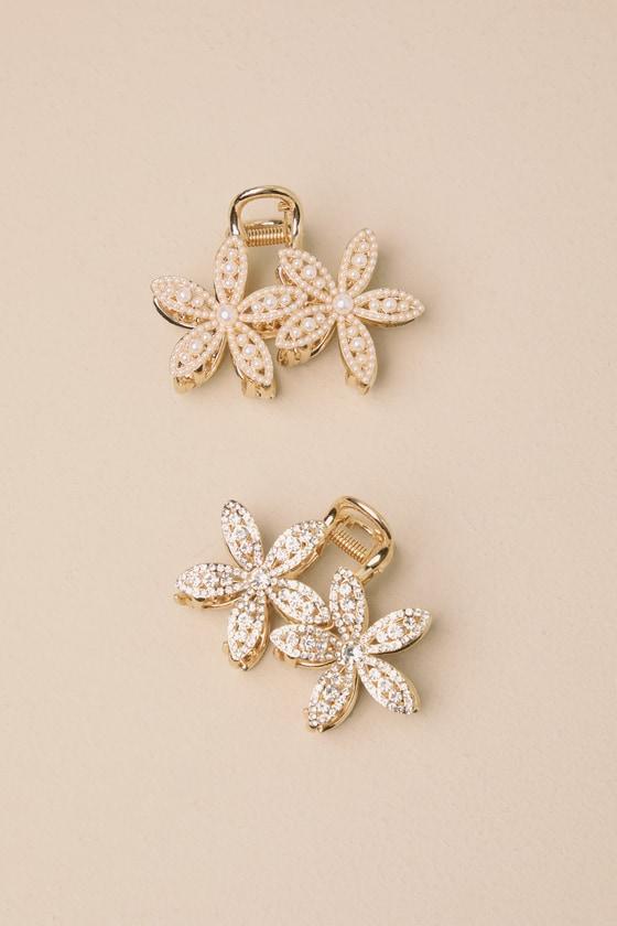 Completely Blossoming Gold Rhinestone Pearl Flower Hair Clip Set Product Image