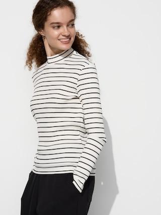 Womens Ribbed High Neck T-Shirt Long Sleeve Striped Off White XS UNIQLO US Product Image