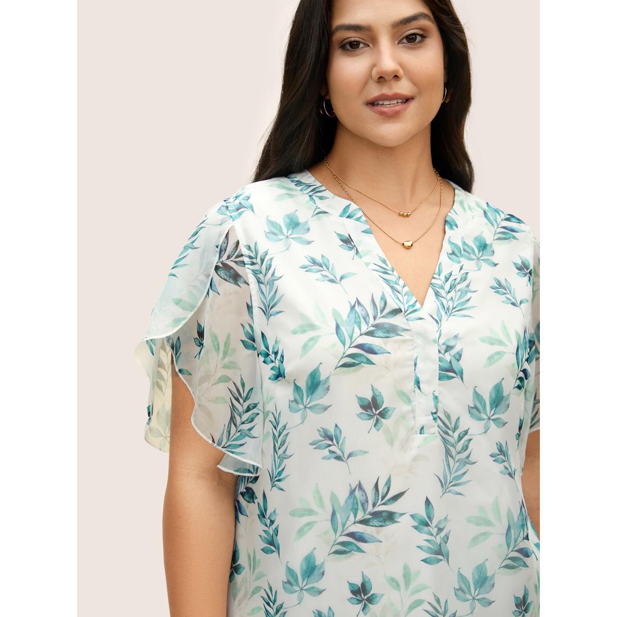 Plus Size Emerald Chiffon Tropical Print Petal Sleeve Blouse Women Elegant Half Sleeve Flat collar with V-notch Everyday Blouses BloomChic 14-16/1X Product Image