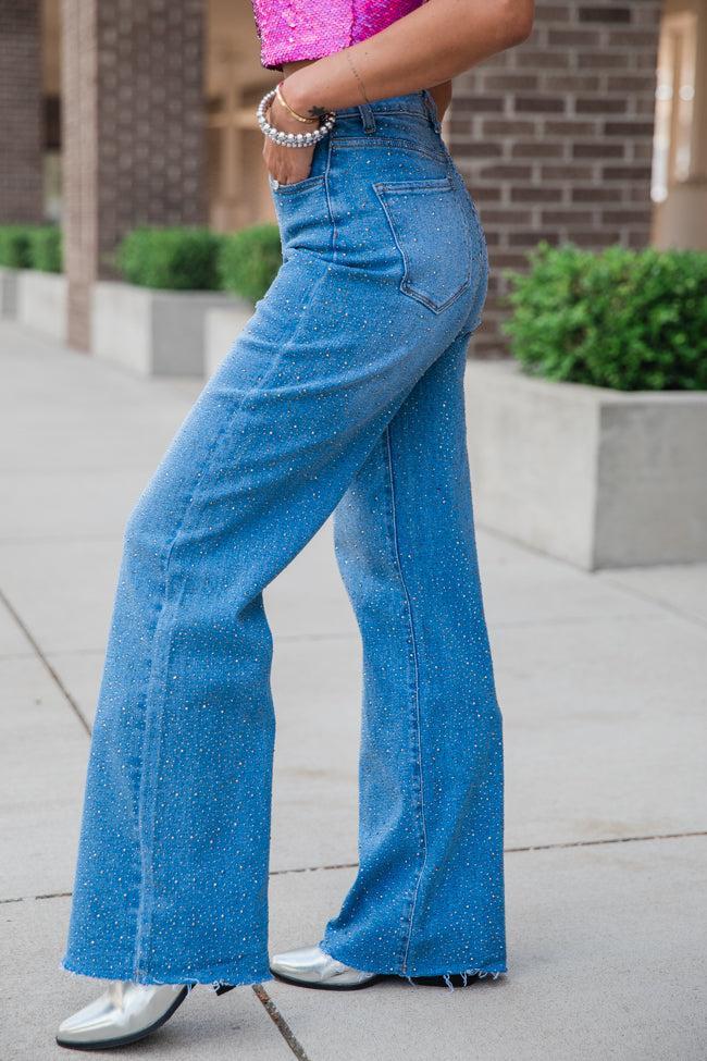 Campbell Medium Wash Rhinestone Detail Wide Leg Jeans FINAL SALE Product Image