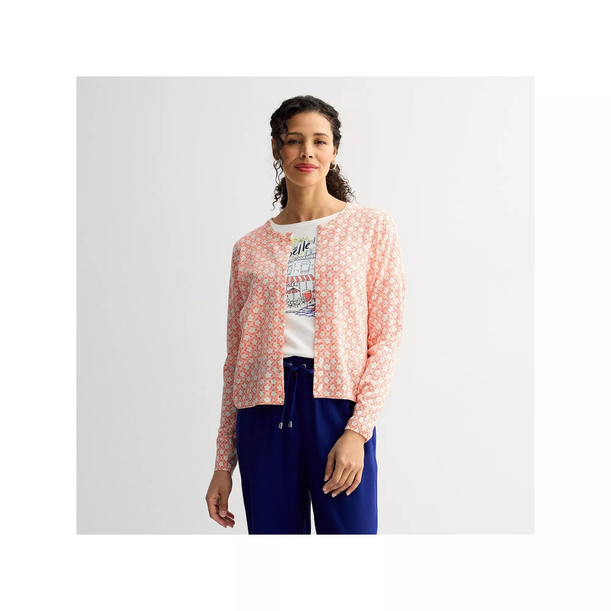 Petite Croft & Barrow® Printed Classic Cardigan, Women's, Size: XXL Petite, Pink Floral Tile Product Image