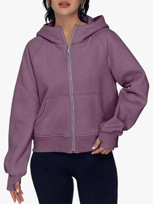 Hooded Long Sleeves Pockets Solid Color Zipper Jackets Outerwear Product Image