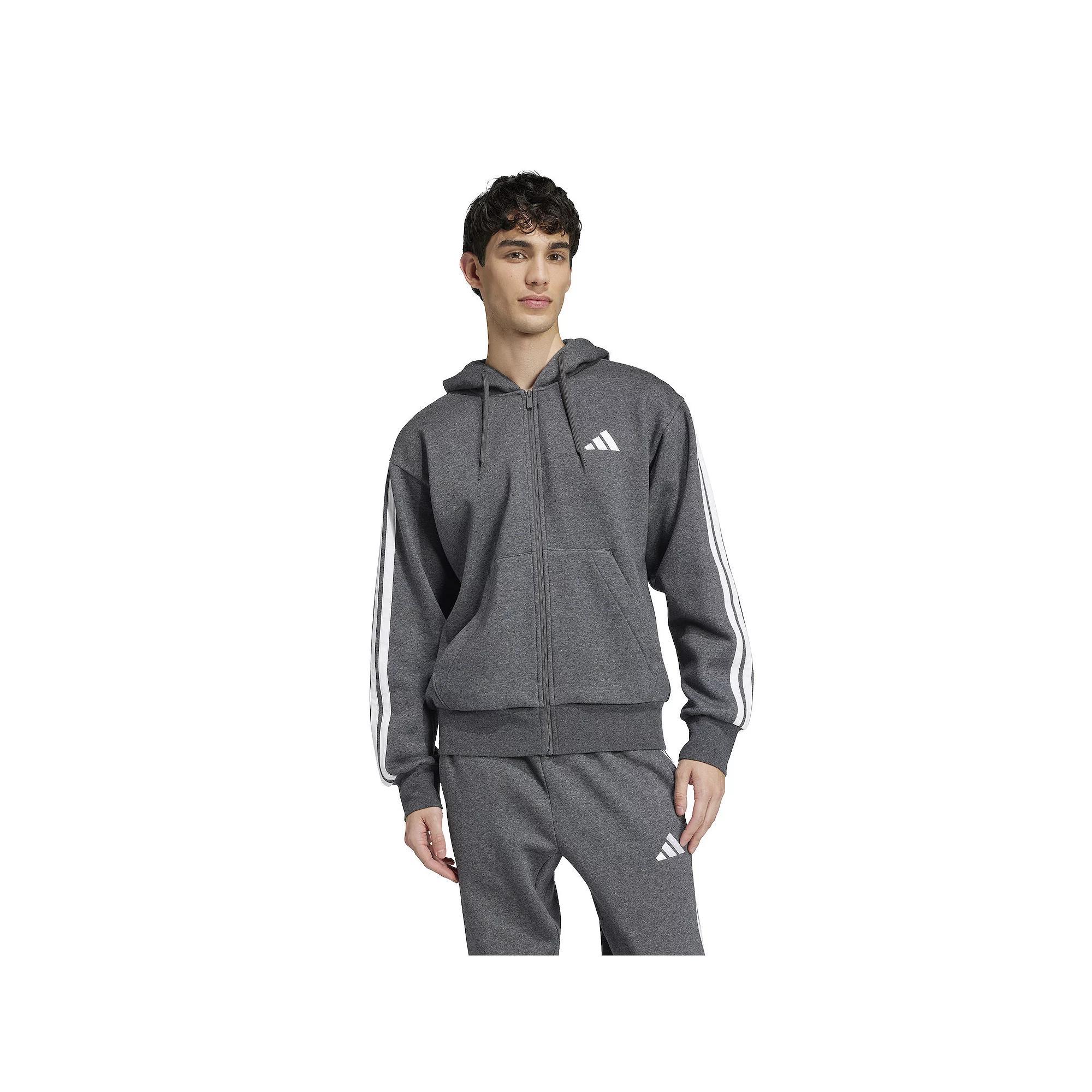 Men's adidas Essentials 3-Stripes Fleece Sportswear Zip Front Hoodie, Size: Medium, Medium Grey Grey Product Image