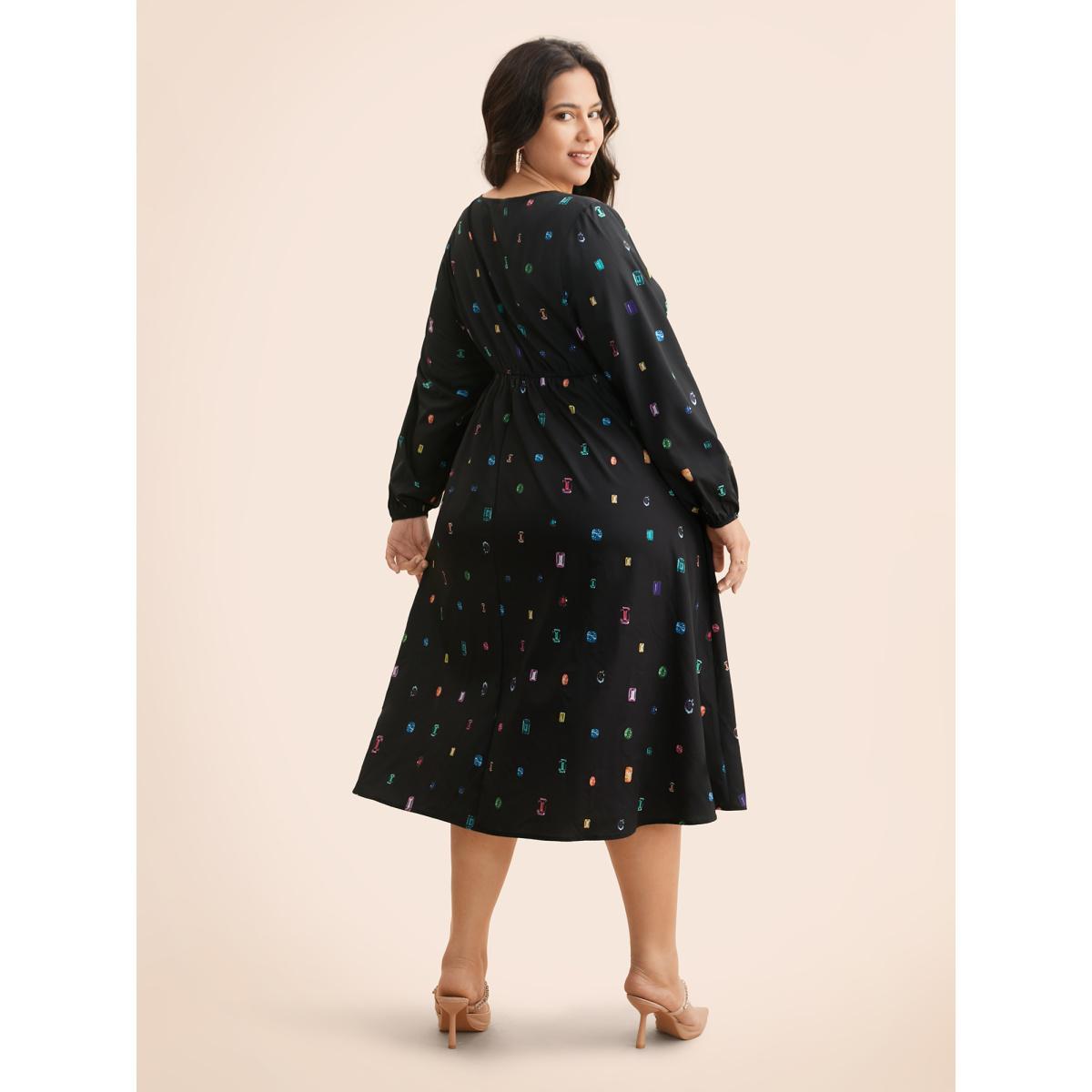 Plus Size Color Diamond Print V Neck Dress Black Women Cocktail Non Party Curvy Bloomchic 26/4X Product Image