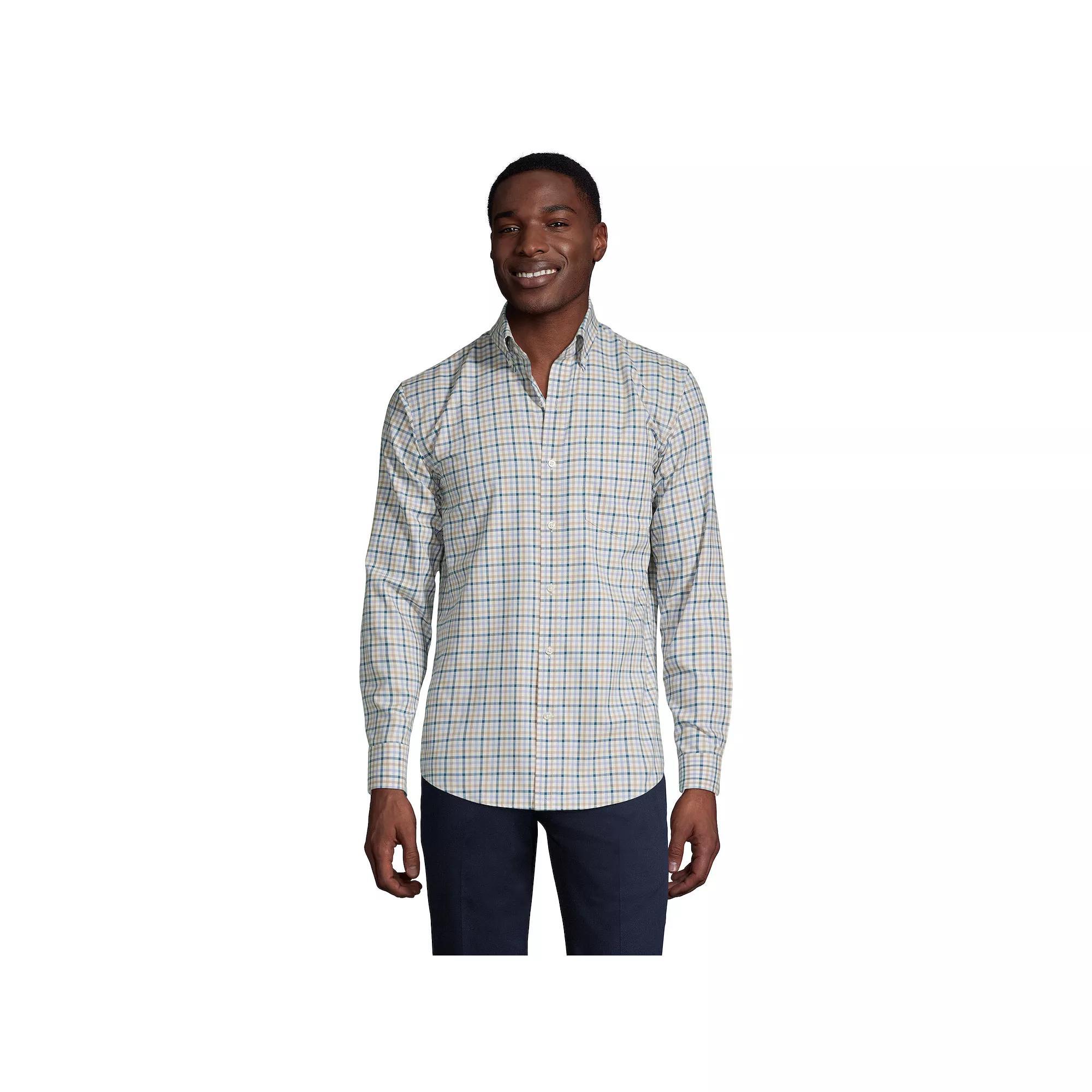 Men's Lands' End Traditional-Fit No-Iron Twill Button-Down Shirt, Size: Large, Gray Stone Ivory Plaid Product Image