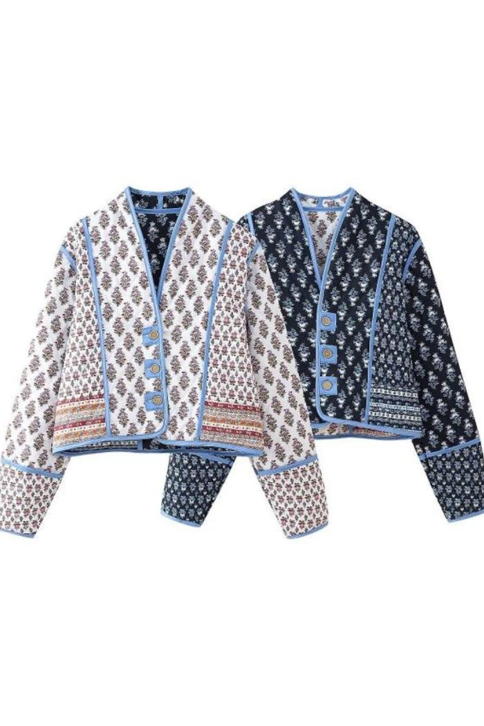 Stylish V-Neck Button Double-Sided Printed Quilted Jacket Product Image