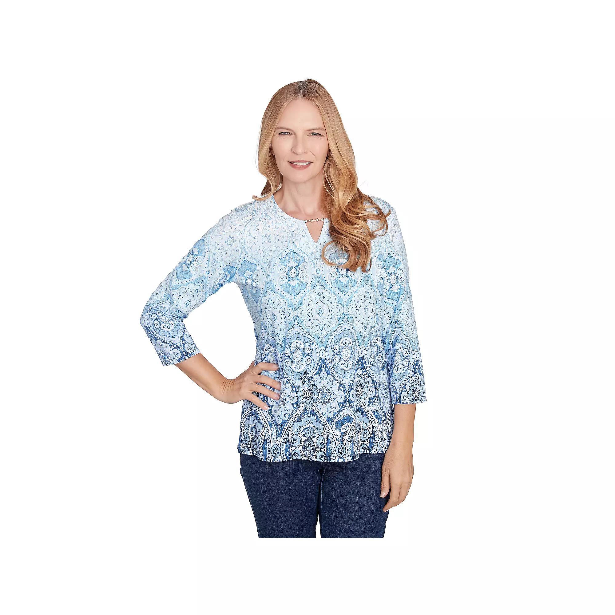 Women's Alfred Dunner Split Beaded Neck Ombre Medallion Top, Size: Medium, Blue Product Image