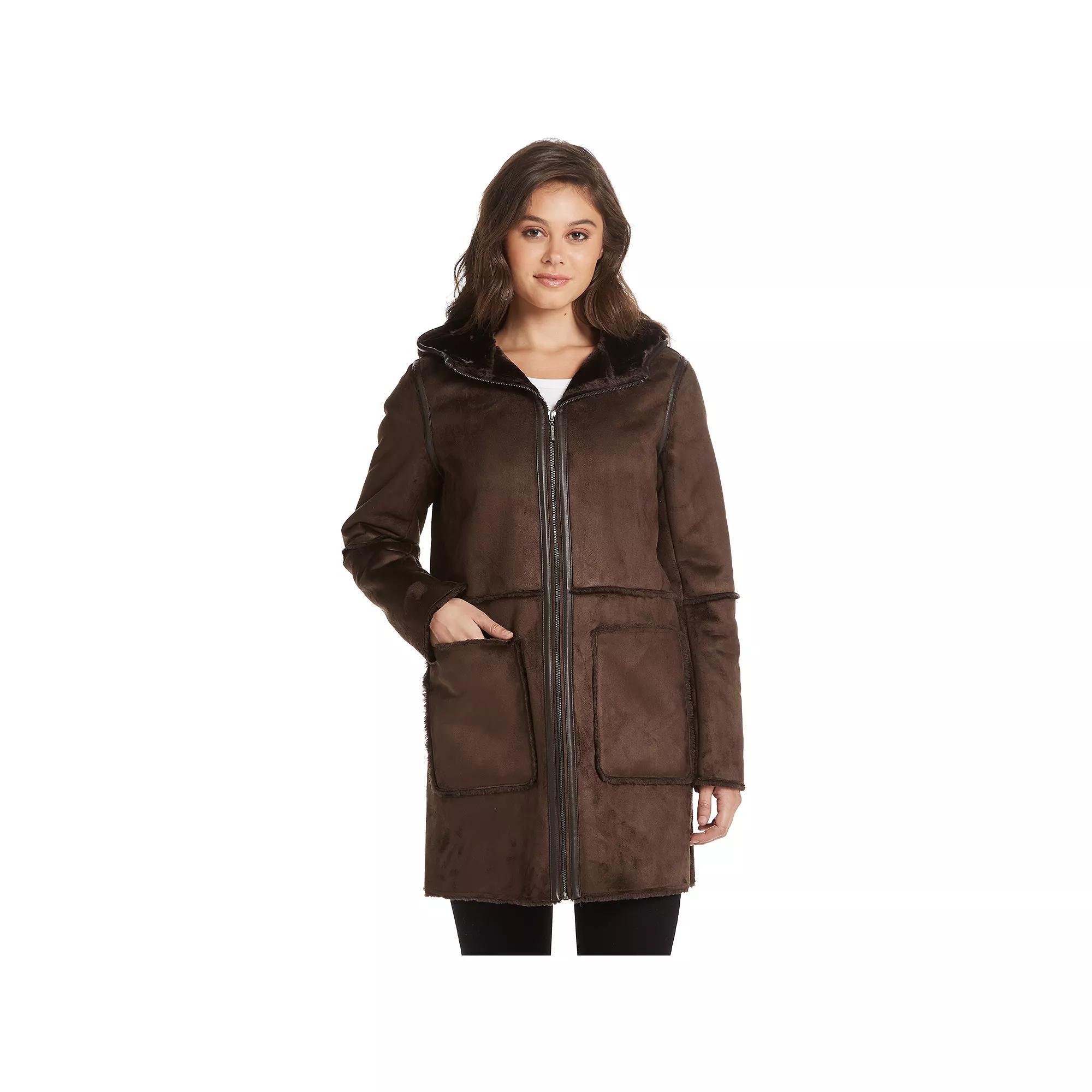 Womens Weathercast Hooded Heavyweight Faux Shearling Walker Jacket Brown Product Image