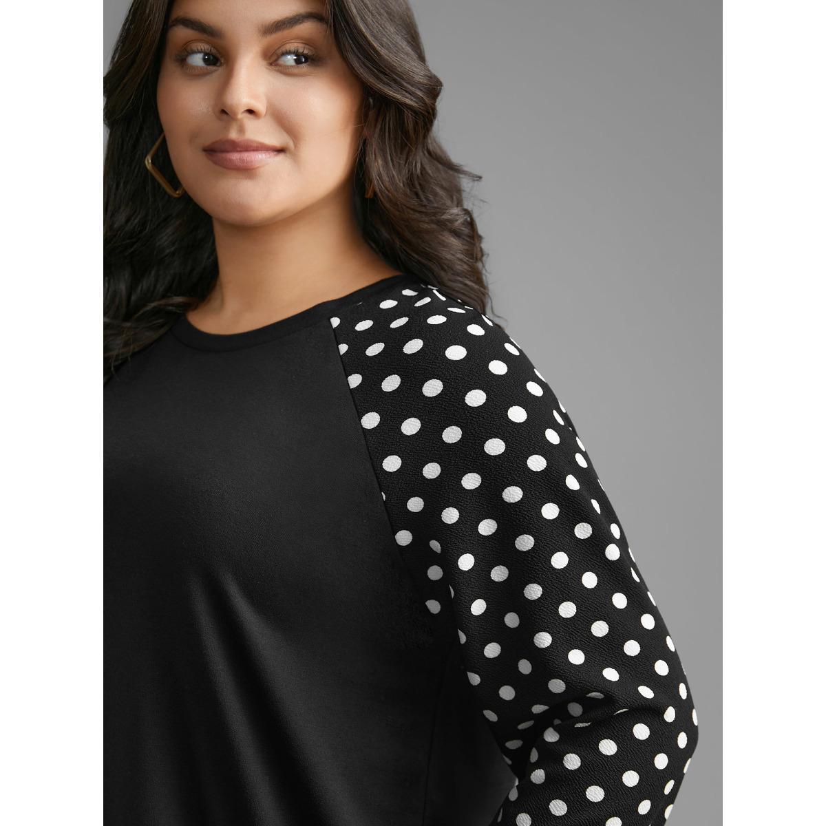 Plus Size Polka Dot Patchwork Raglan Sleeve Sweatshirt Women Black Casual Contrast Loose Round Neck Everyday Sweatshirts BloomChic 12/L Product Image