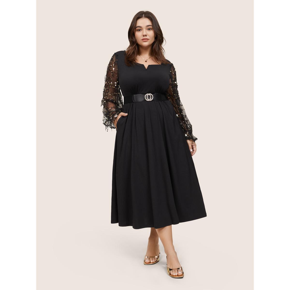 Plus Size Notched Mesh Gathered Sequin Tassel Trim Dress Black Women Glamour Sequin Notched collar Long Sleeve Curvy Midi Dress BloomChic 30/6X Product Image