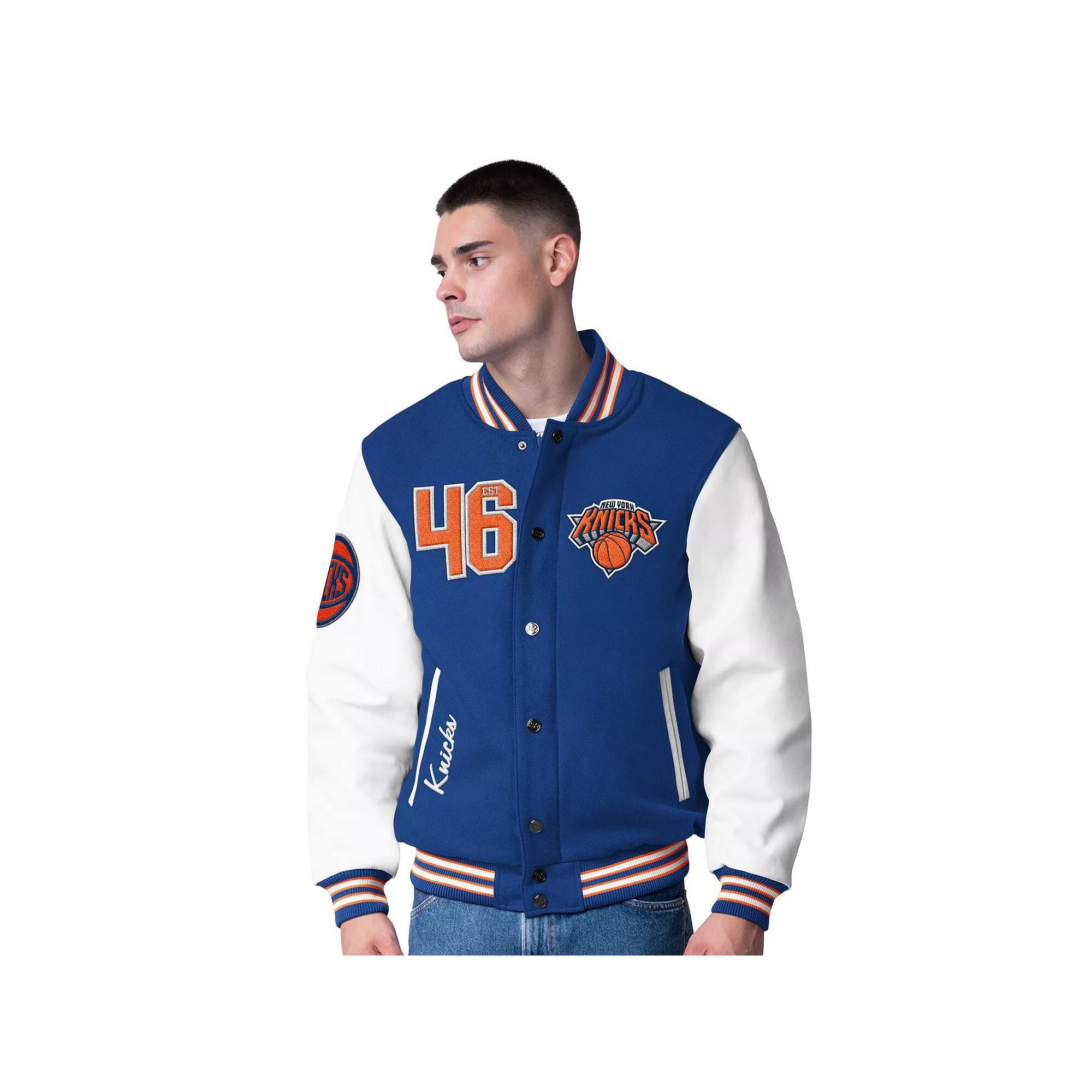 Men's G-III Sports by Carl Banks  Blue New York Knicks Moneyball Wool & Leather Full-Snap Varsity Jacket, Size: Medium Product Image