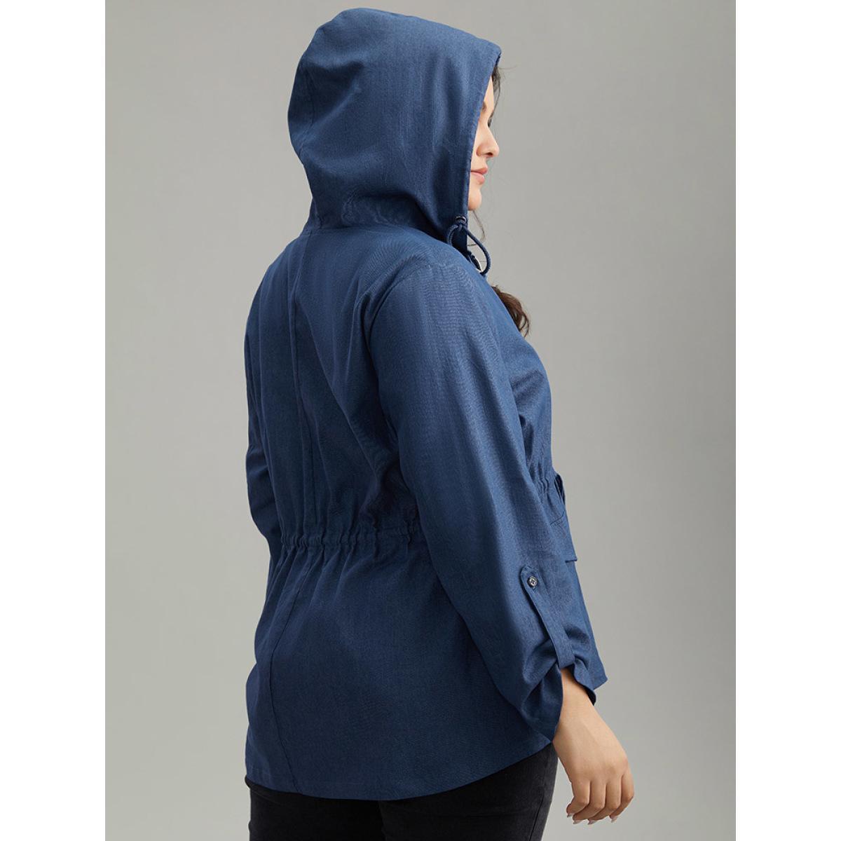 Plus Size Solid Drawstring Knot Zipper Windbreaker Women Indigo Plain Pocket Everyday Jackets BloomChic 18-20/2X Product Image
