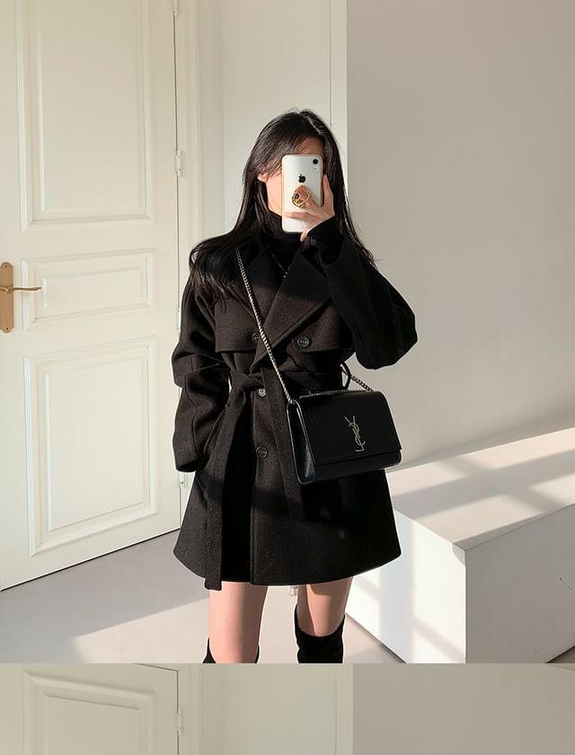 Long Sleeve Lapel Double-Breasted Belted Woolen Blend Coat Product Image