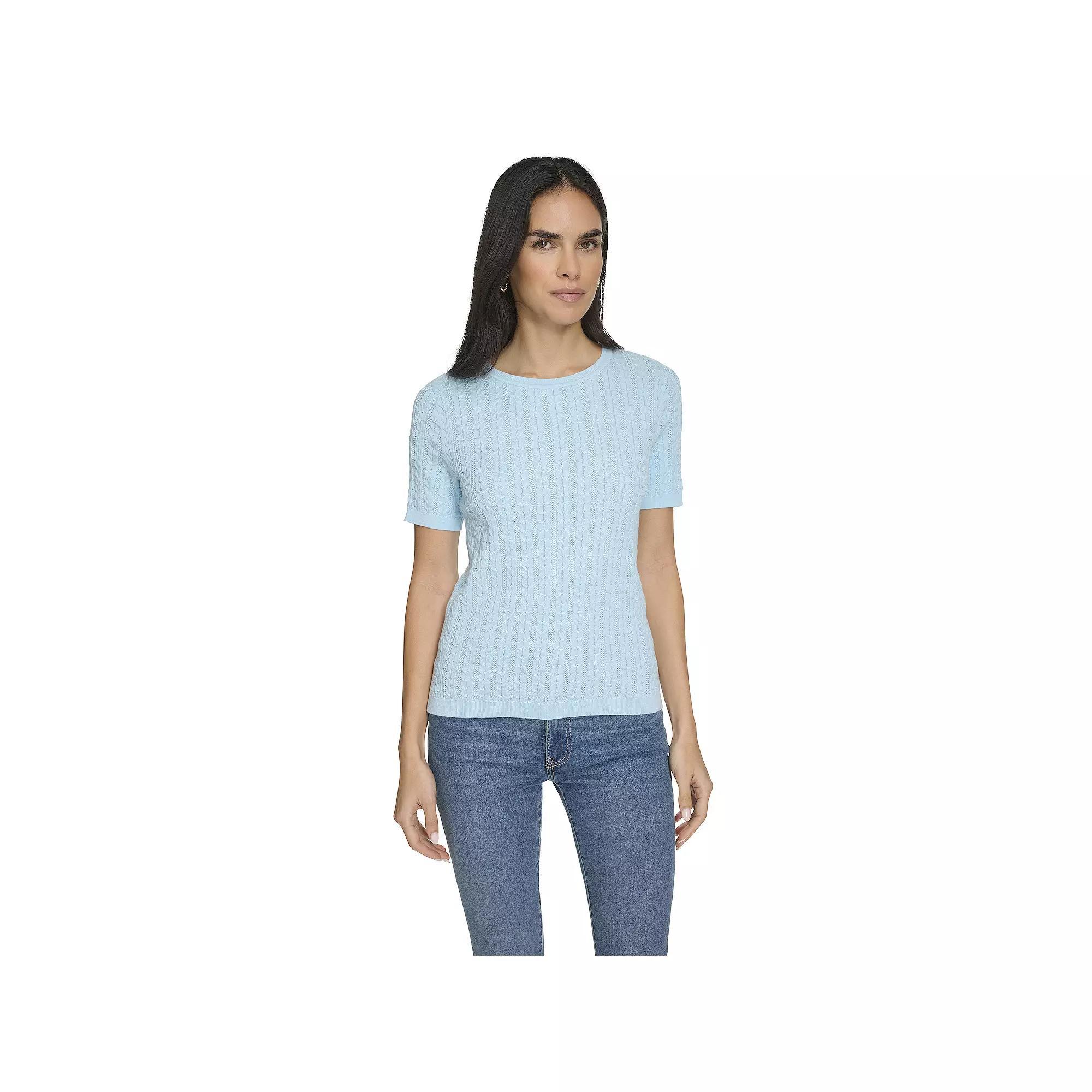 Women's Nautica Cable Knit Short Sleeve Sweater, Size: Large, Porcelain Blue Product Image