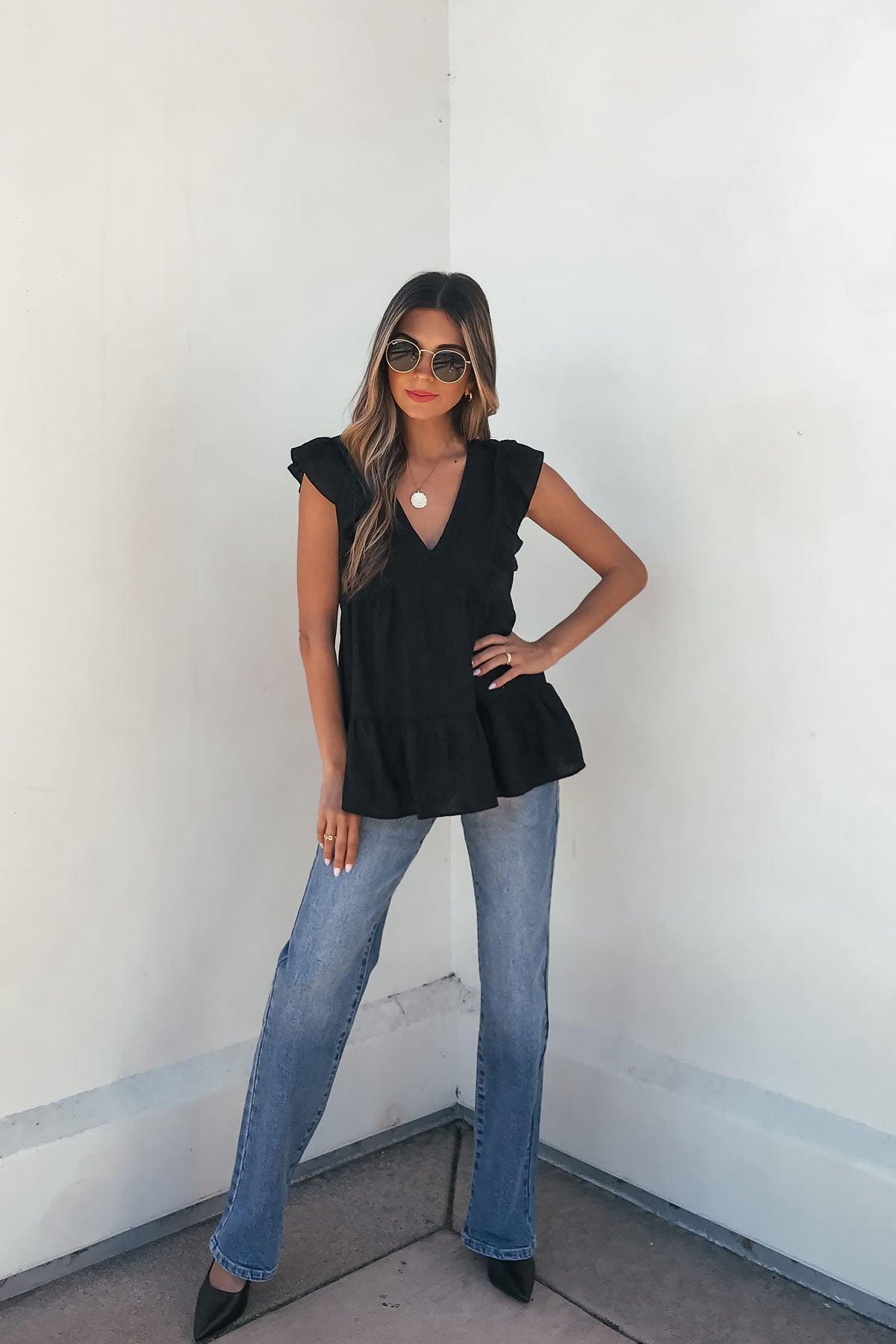 Black Ruffle Sleeve Textured Top Female Product Image