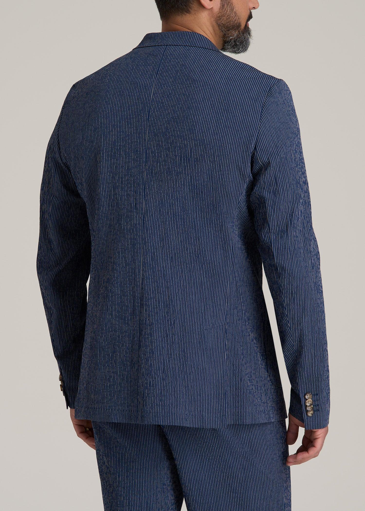 Stretch Seersucker Blazer for Tall Men in Navy and Off White Stripe Product Image