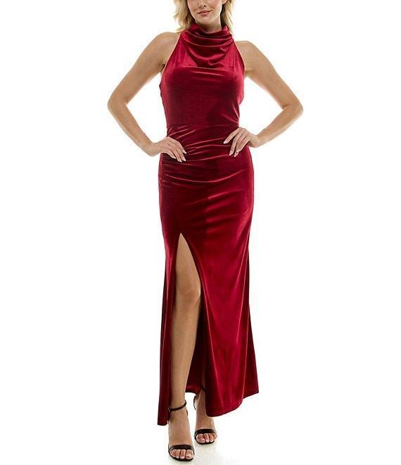 Taylor Stretch Velvet High Mock Neck Sleeveless Side Ruching Detail Front Slit Sheath Dress Product Image