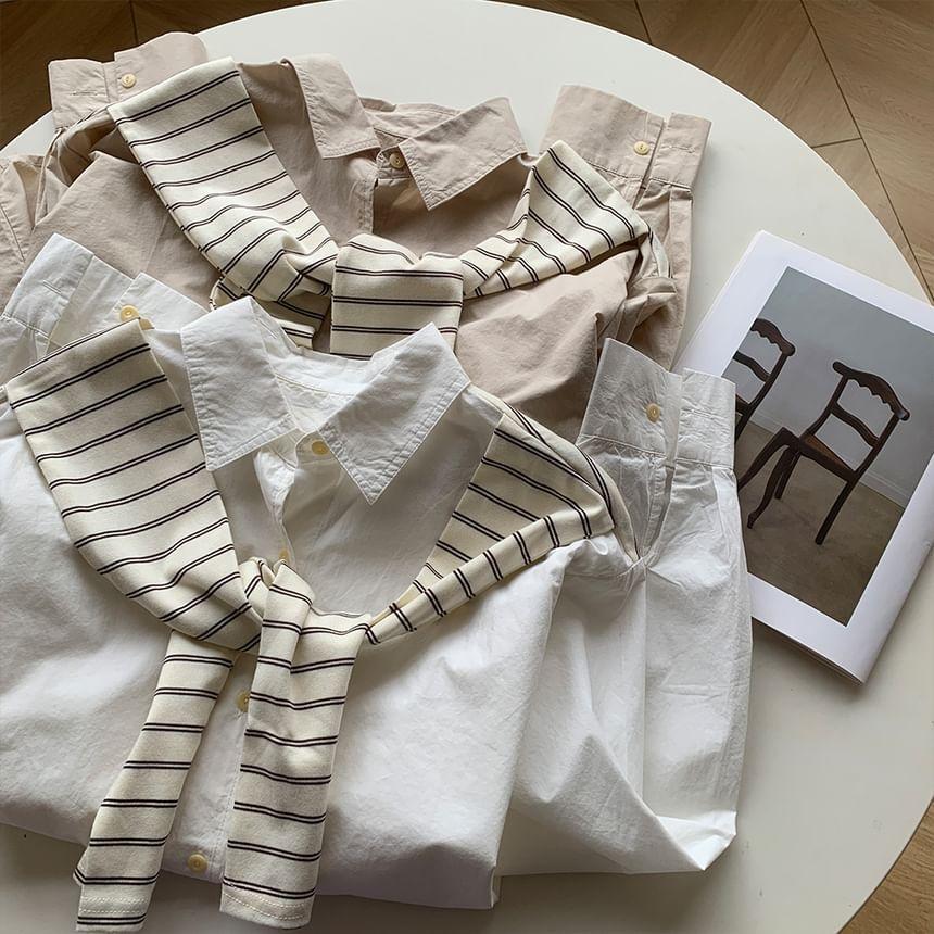 Mock Two-Piece Long-Sleeve Striped Panel Shirt Product Image