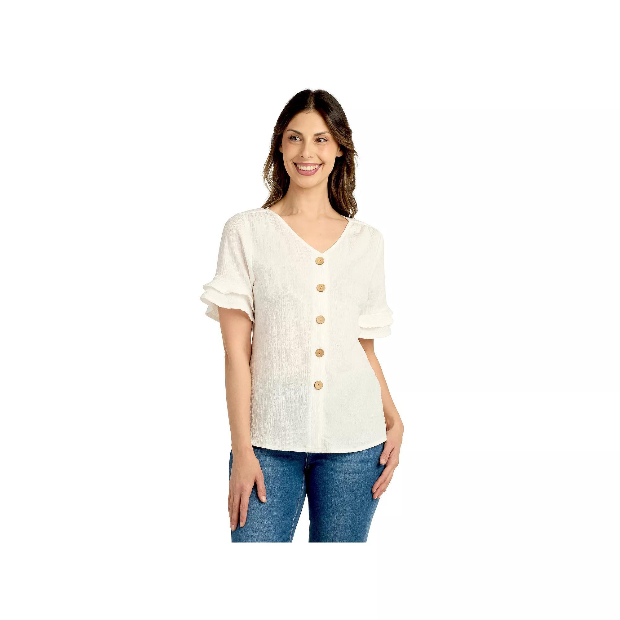 Women's AB Studio Ruffle Sleeve Button-Front Top, Size: Medium, Off White Product Image