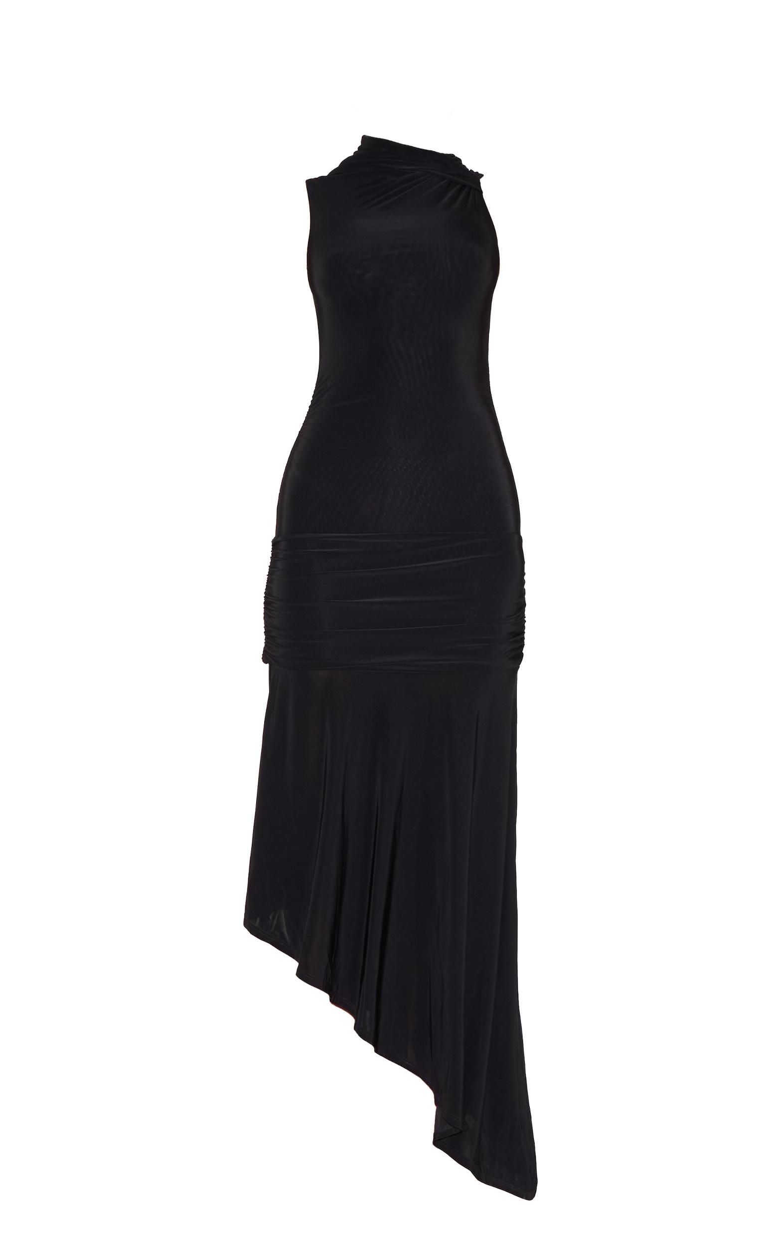 Black Double Layer Slinky Asymmetrical Ruched Midaxi Dress Product Image