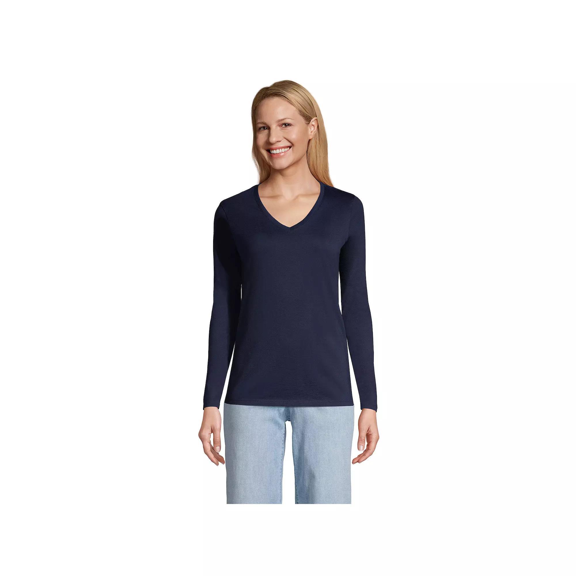 Women's Lands' End Relaxed-Fit Supima Long Sleeve Cotton V-Neck Tee, Size: Large, Black Product Image
