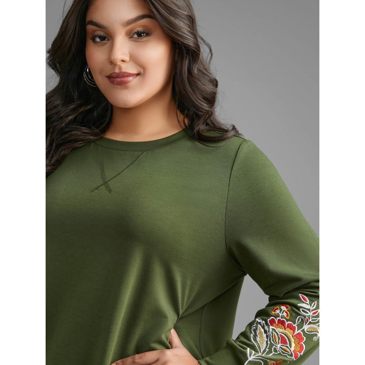 Plus Size Crew Neck Floral Embroidered Sweatshirt Women ArmyGreen Casual Embroidered Loose Round Neck Everyday Sweatshirts BloomChic 22-24/3X Product Image