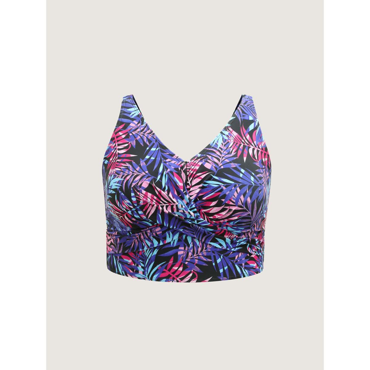 Plus Size Tropical Print Twist Swim Top Women's Swimwear Multicolor Beach Twist High stretch Skinny V-neck Curve Swim Tops BloomChic 26/4X Product Image