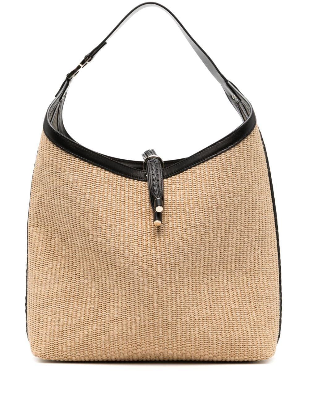 CHLOÉ Marcie Leather-trimmed Raffia Shoulder Bag In Brown Product Image