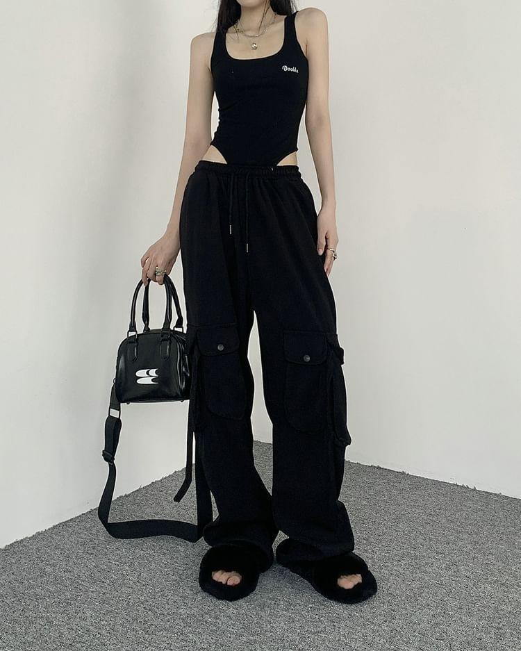 Sleeveless Scoop Neck Lettering Embroidered Bodysuit Top / Drawstring Waist Plain Wide Leg Cargo Pants / Two Tone Panel Crop Zip Jacket Product Image