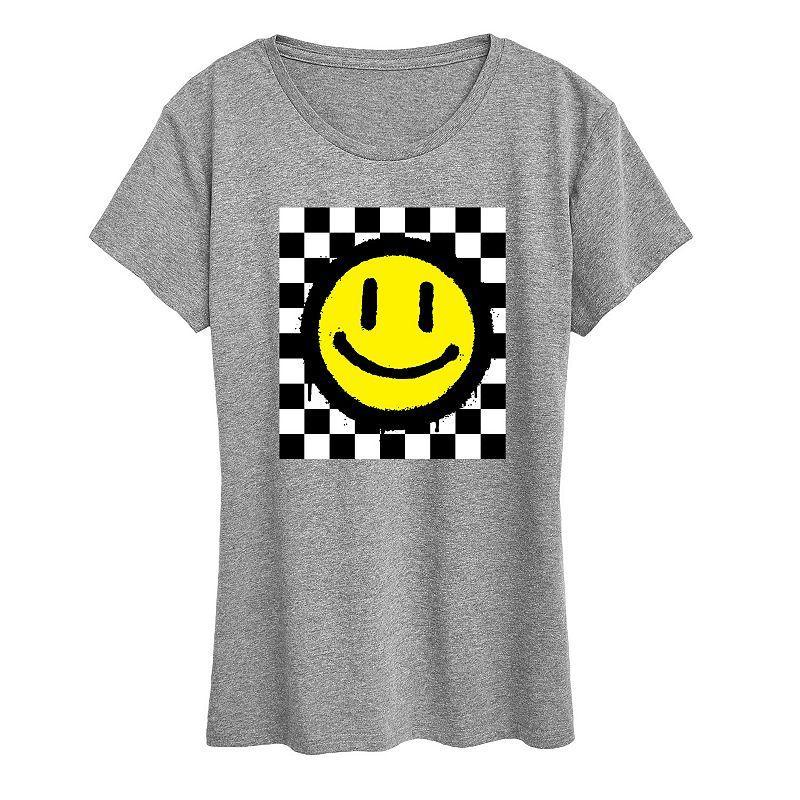 Womens Checkerboard Retro Smile Graphic Tee Grey Royal Blue Product Image