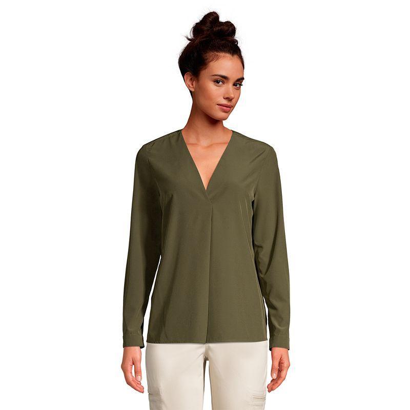 Women's Lands' End Long Sleeve V-neck Poplin Commuter Shirt, Size: Small, Green Moss Product Image