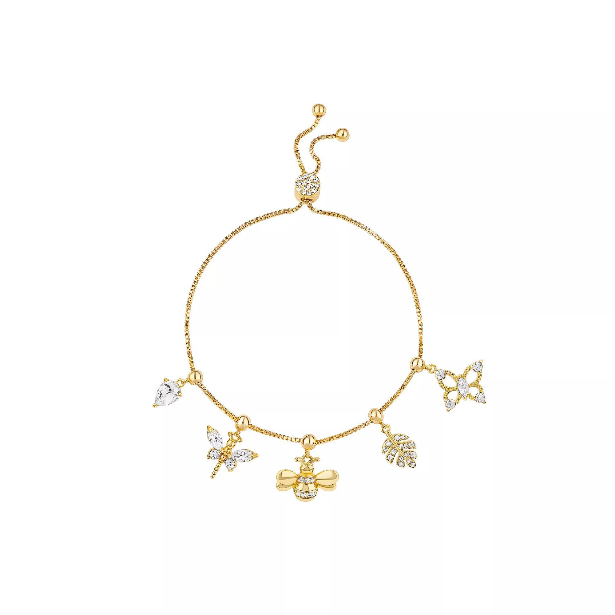 Brilliance 18k Gold Plated Crystal Dragonfly, Bee, Leaf & Butterfly Adjustable Charm Bracelet, Women's, Size: 7/8", Gold Tone Product Image