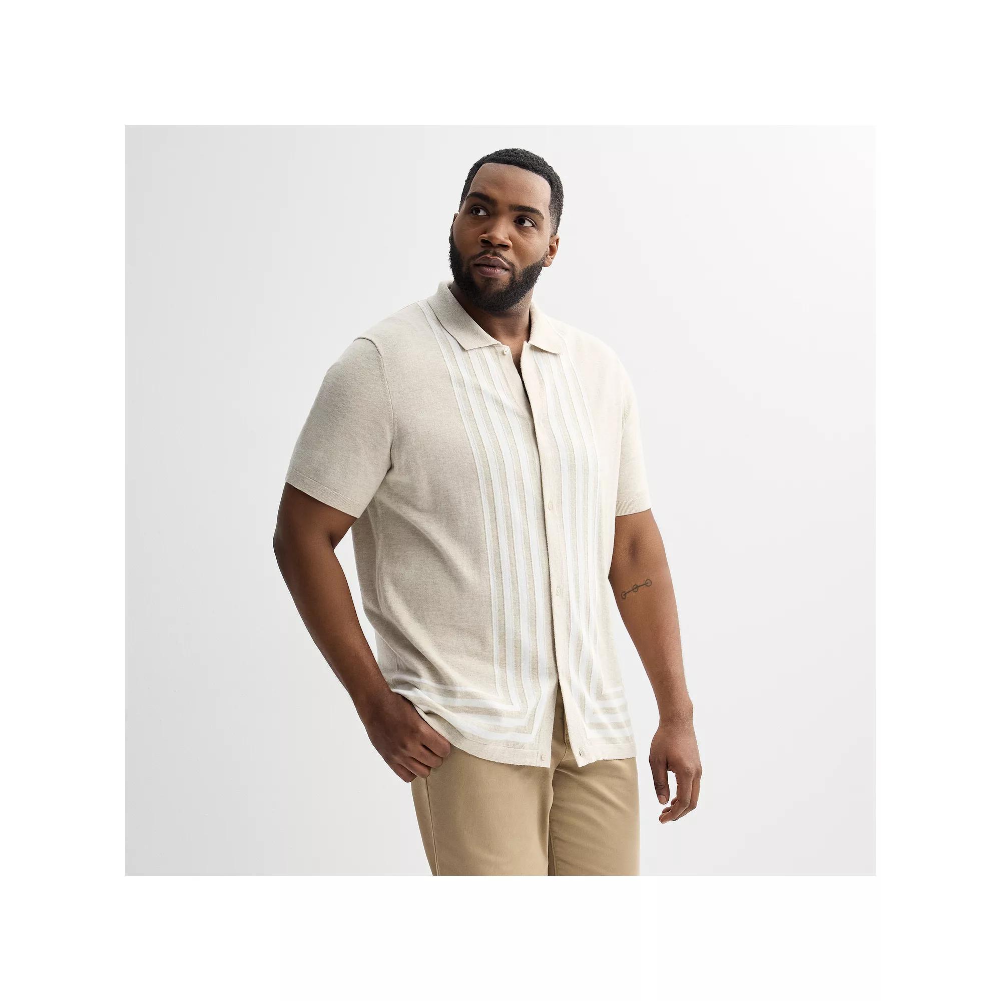 Big & Tall Apt. 9® Knit Short Sleeve Button Down Shirt, Men's, Size: Large Tall, Ivory Stripe Product Image