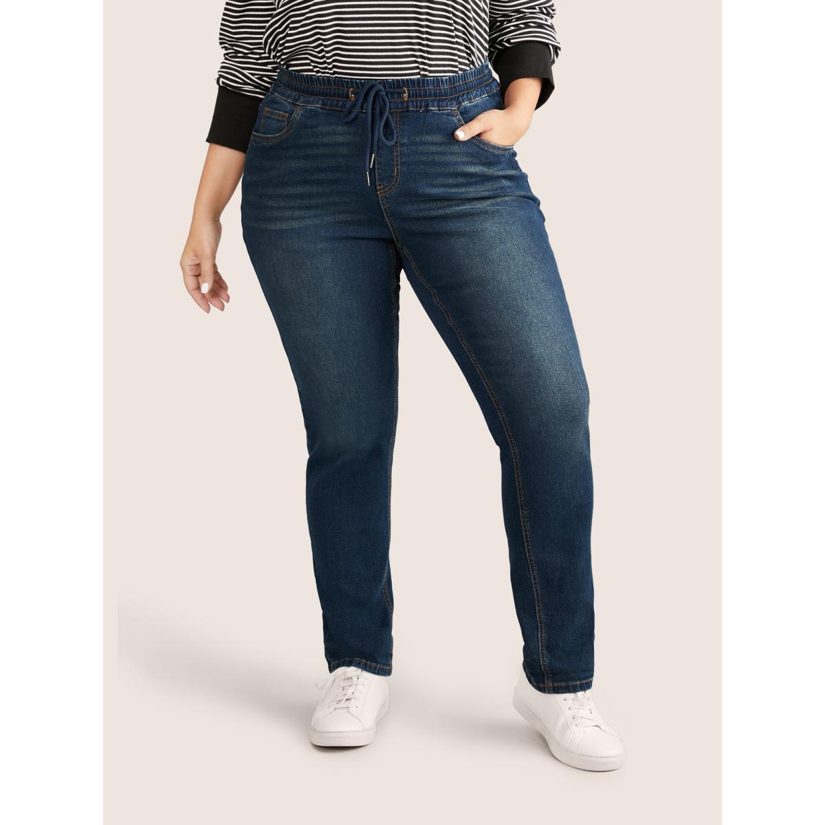 Plus Size Drawstring Elastic Waist Straight Leg Jeans Women Indigo Casual Plain Non High stretch Slanted pocket Jeans BloomChic 12/L Product Image