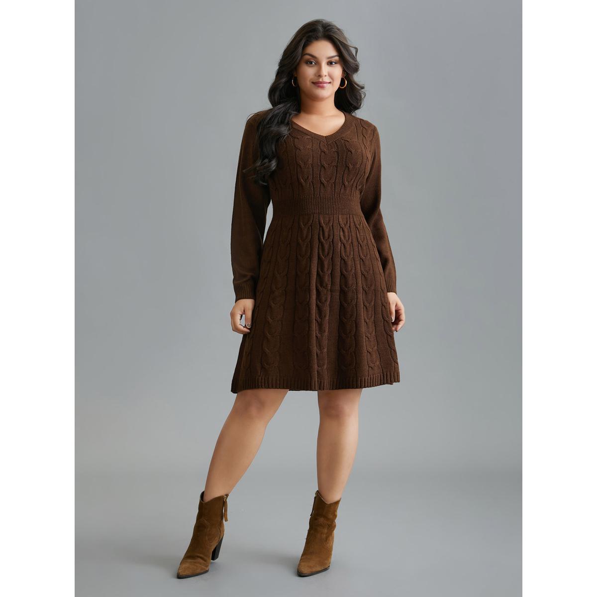 Plus Size Textured Cable Knit V-Neck Midi Sweater Dress Browncoffeecolor Women Casual Bodycon Long Sleeve Everyday Sweater Dresses BloomChic 14-16/1X Product Image