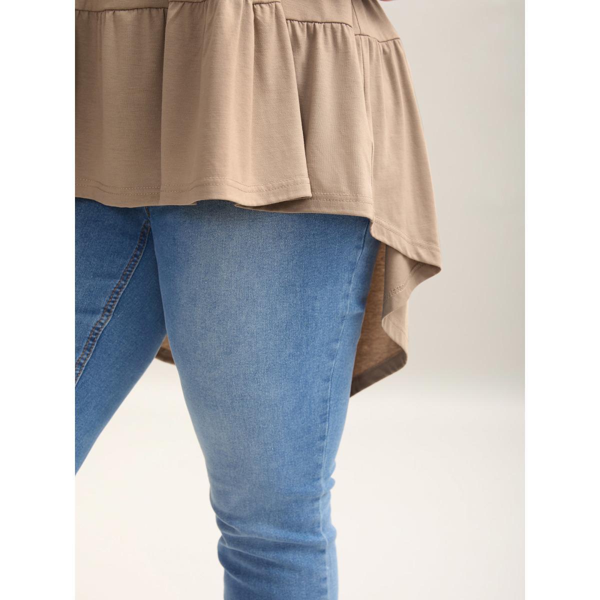 Plus Size Ruffled Tiered Long Tank Top Women Tan Gathered V-neck Everyday-Casual Tank Tops Camis BloomChic 22-24/3X Product Image