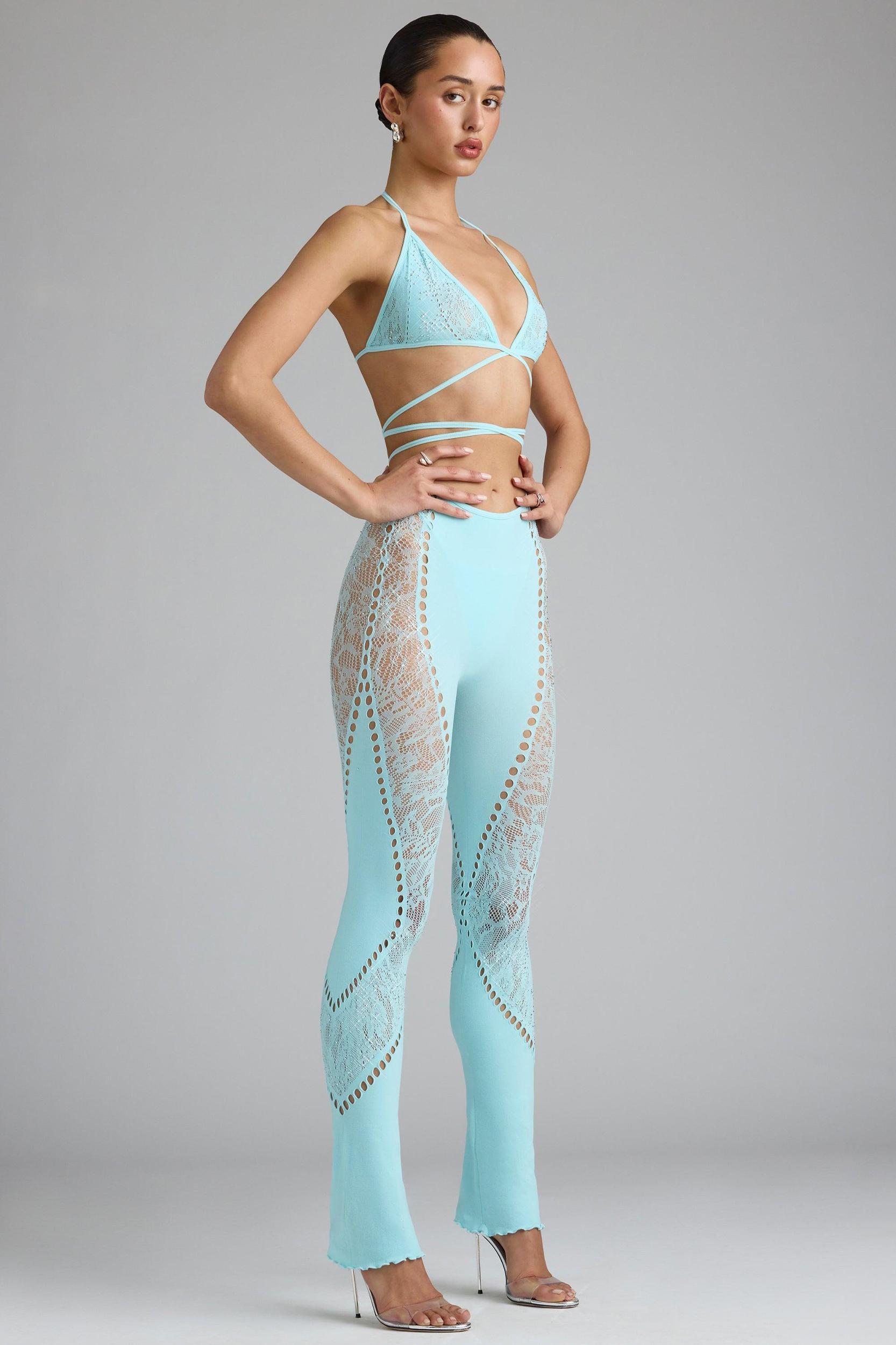 Tall Embellished Mid-Rise Flared Trousers in Ice Blue Product Image