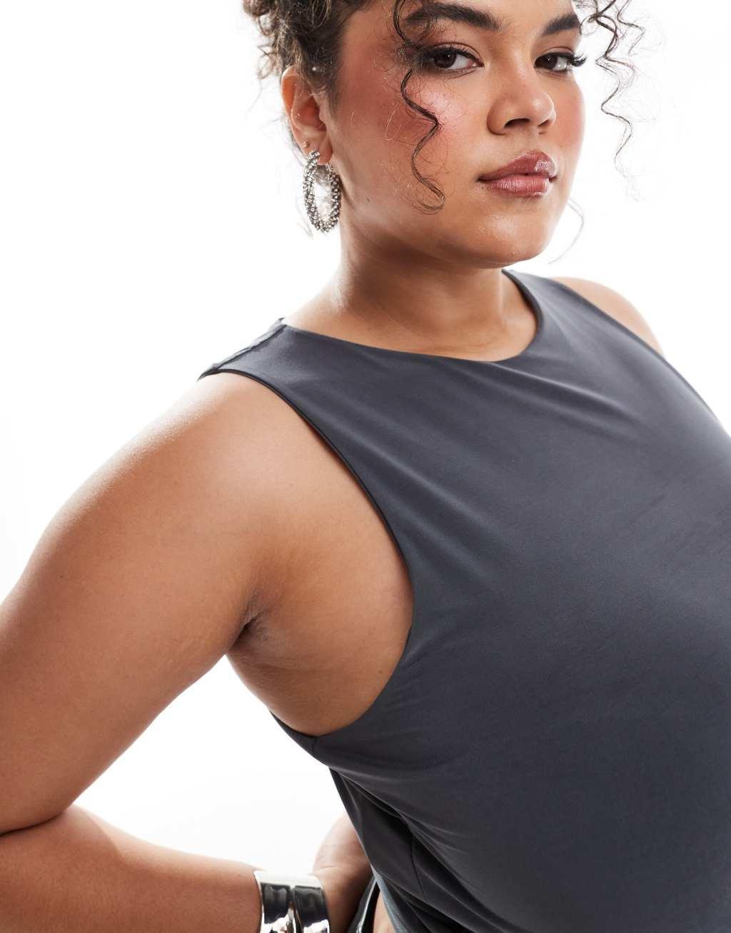 ASOS DESIGN Curve double layer slinky crop top in charcoal Product Image