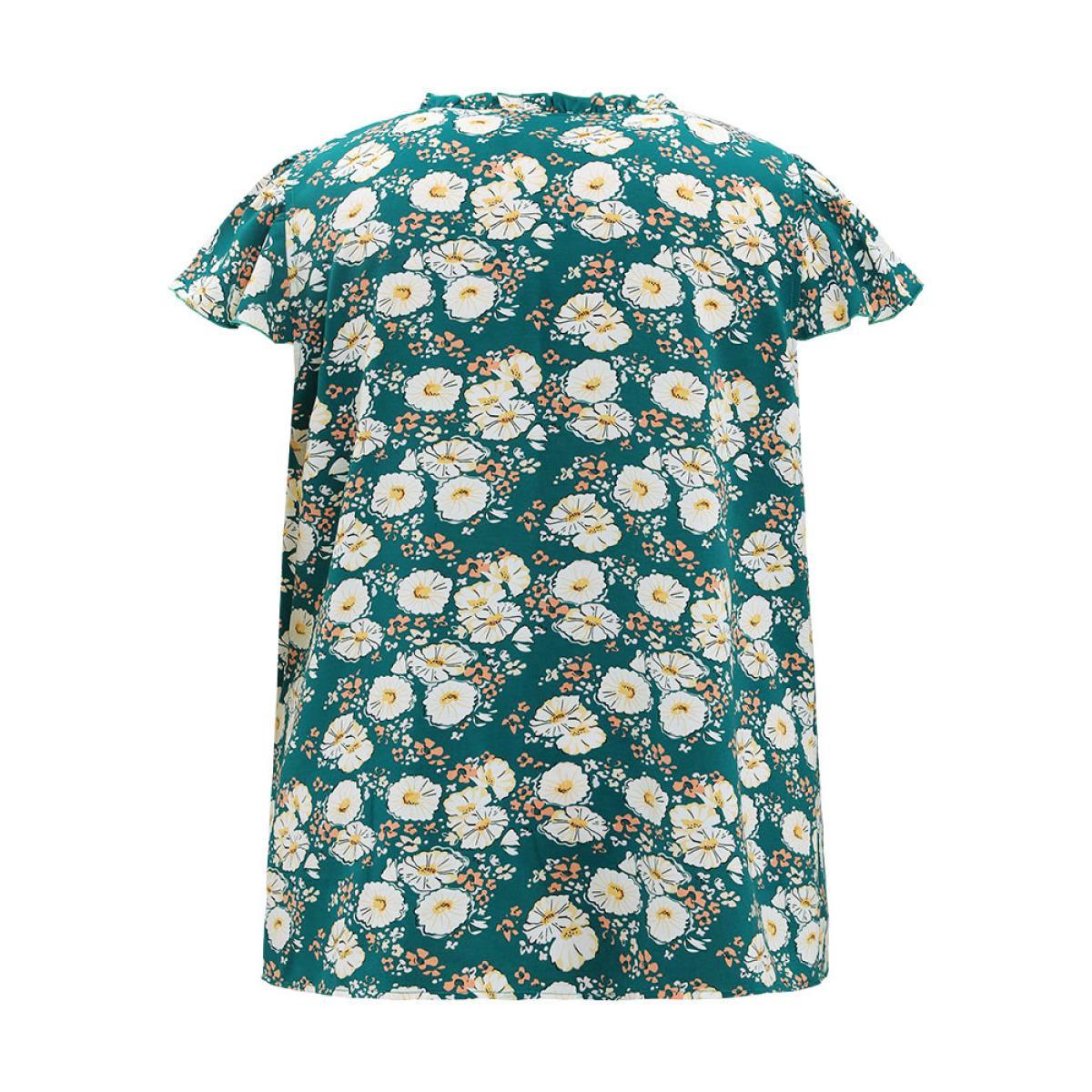 Plus Size Cerulean Floral Ruffle Sleeve Shirred Button Up Frill Trim Blouse Women Elegant Short sleeve V-neck Dailywear Blouses BloomChic 18-20/2X Product Image