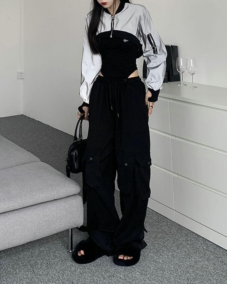 Sleeveless Scoop Neck Lettering Embroidered Bodysuit Top / Drawstring Waist Plain Wide Leg Cargo Pants / Two Tone Panel Crop Zip Jacket Product Image