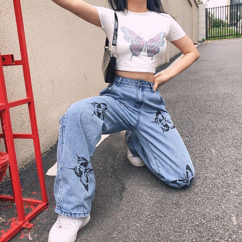 High Wais Butterfly Print Straight Leg Jeans Product Image