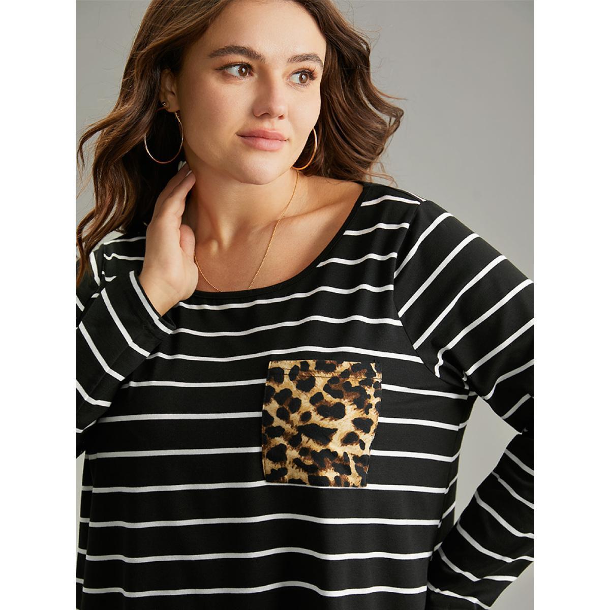 Plus Size Leopard Striped Patchwork Contrast Pocket T-shirt Black Women Casual Contrast Leopard Round Neck Dailywear T-shirts BloomChic 10/M Product Image