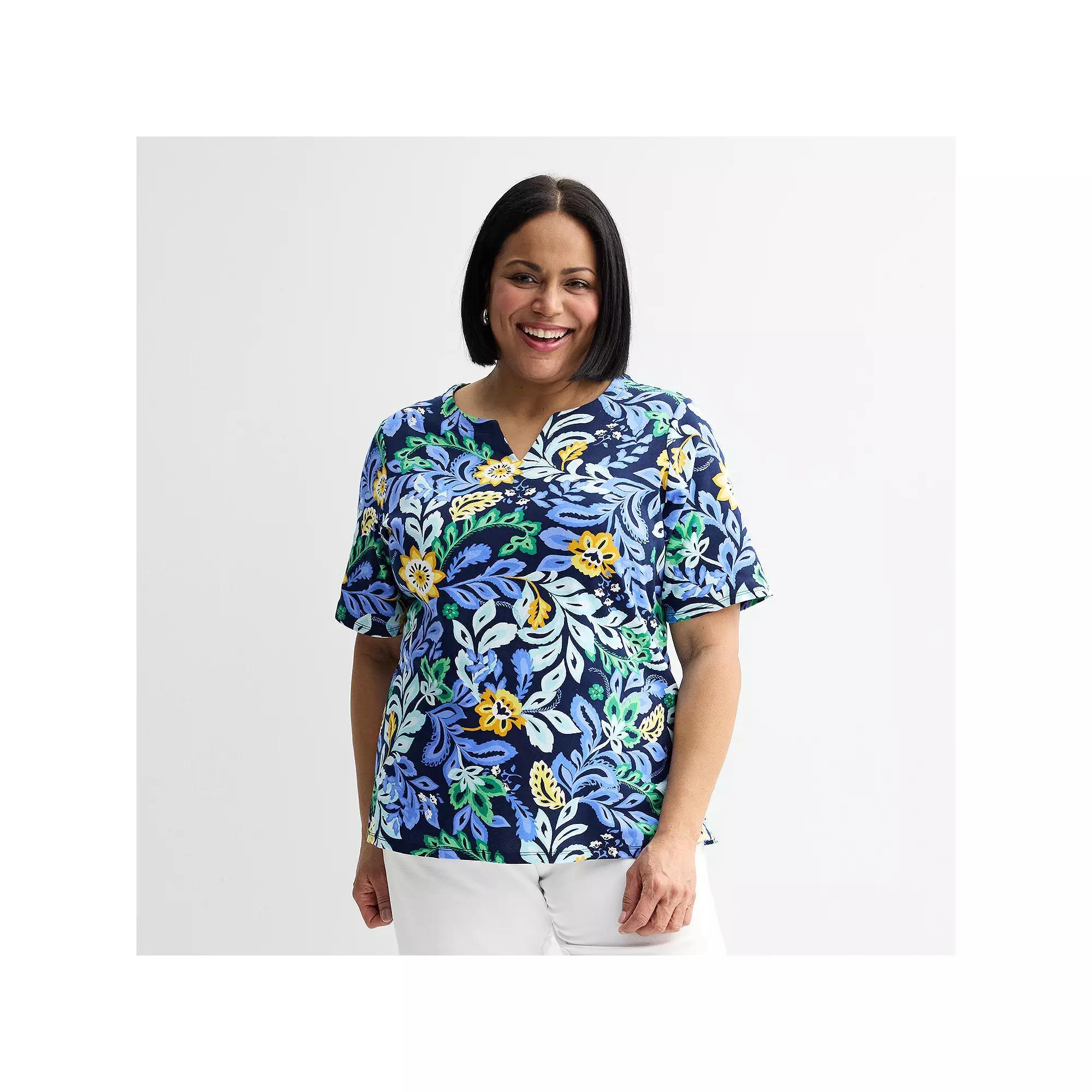 Plus Size Croft & Barrow® Elbow Sleeve Split Neck Top, Women's, Size: 1XL, Blue  Pink Product Image