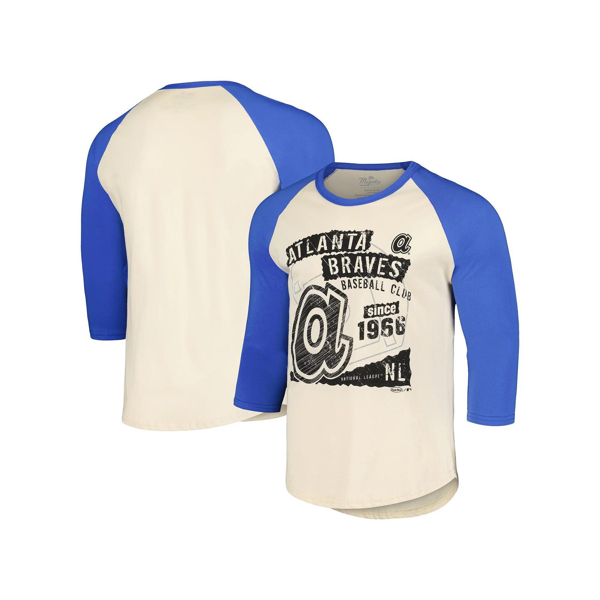 Men's Majestic Threads Cream/Royal Atlanta Braves Raglan 3/4-Sleeve T-Shirt, Size: 2XL, Beige Product Image