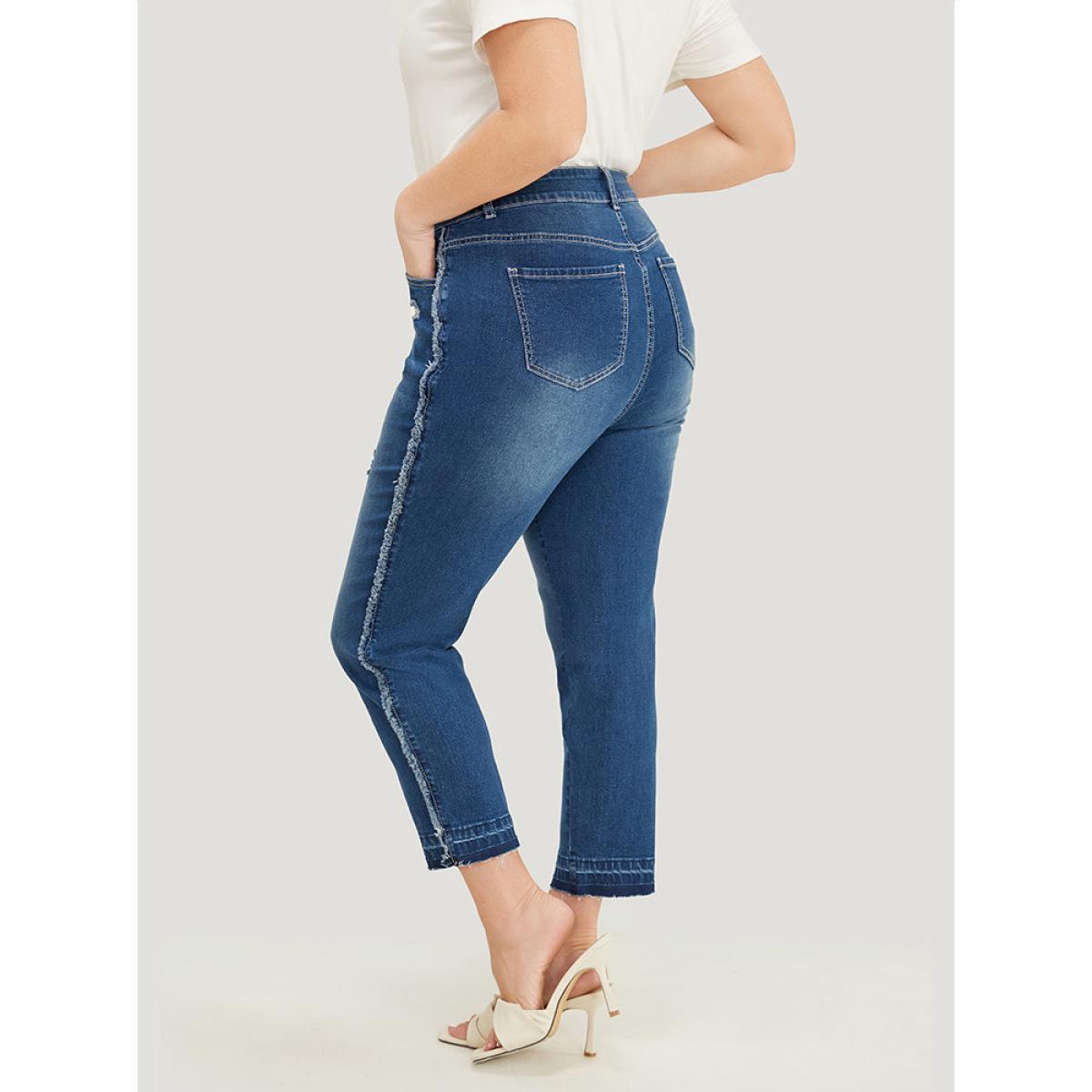 Plus Size Very Stretchy High Rise Medium Wash Raw Trim Jeans Women Blue Casual Plain Distressed High stretch Jeans BloomChic 30/6X Product Image